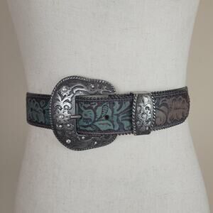 Green Leather Belt Womens Large Western Rhinestone Buckle Floral Scroll Cowgirl